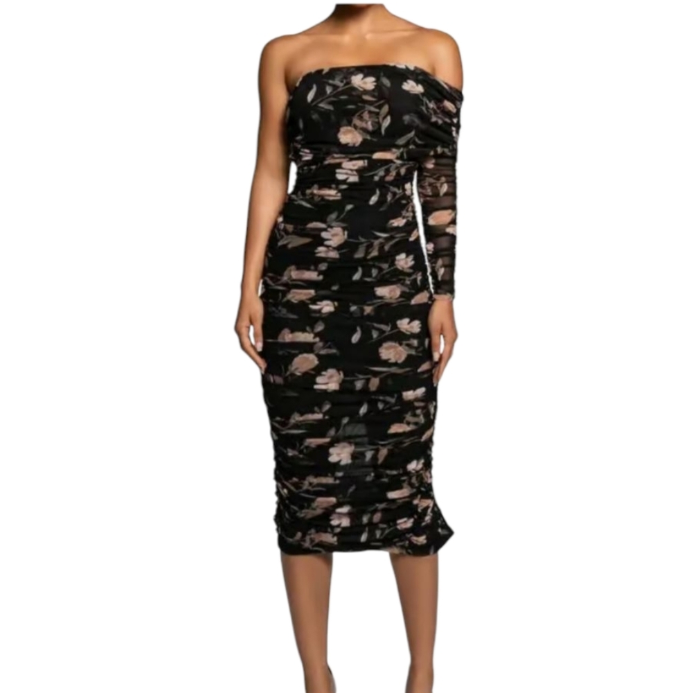 JLUXLABEL Ruched Floral One Shoulder Gown Dress